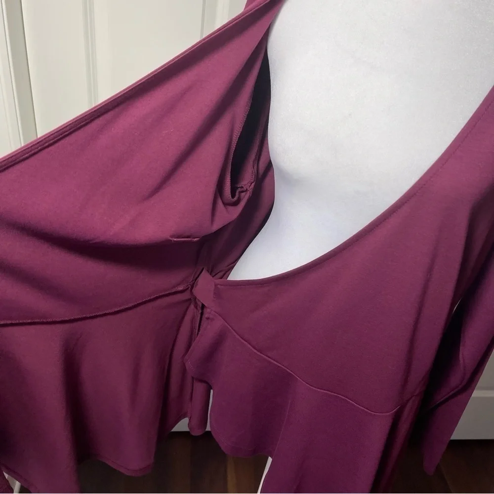 Eloquii Peplum Wrap Blouse V-Neck Long Sleeve Wine Maroon Adjustable 18